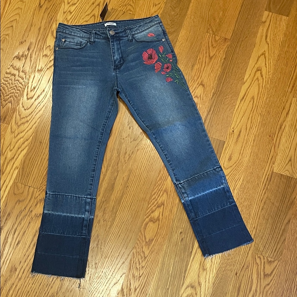 bebe Dark Blue Jeans with Red Floral Design (f)